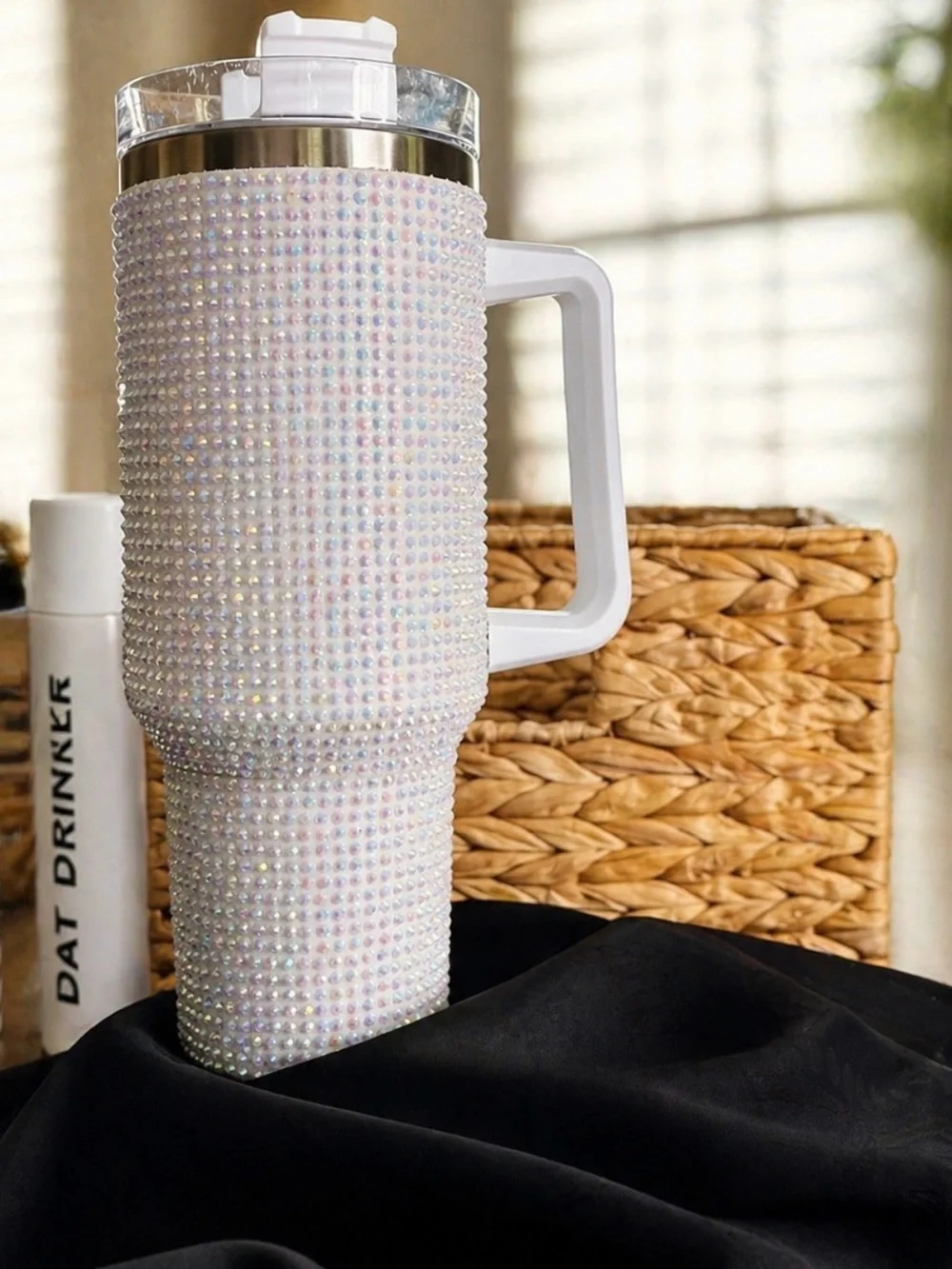 Iridescent Crystal Studded White Travel Tumbler with Handle